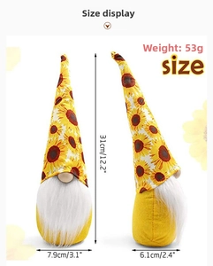 Detailed size chart showing height and width of the sunflower gnome plush doll