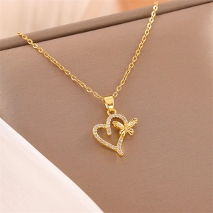 Heart Butterfly Pendant Necklace 18K Gold Plated Micro Inlaid Zircon Copper Stainless Steel Jewelry For Women