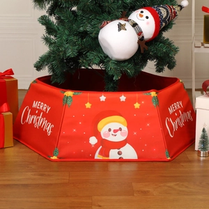 Red hexagonal Christmas tree collar with snowman pattern and Merry Christmas text