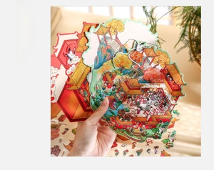 Detail of 3D Chinese ancient style landscape stickers with pavilions and cranes