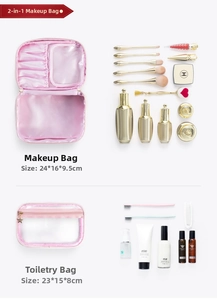 Pink velvet makeup bag set with size labels for large cosmetic and PVC wash bags