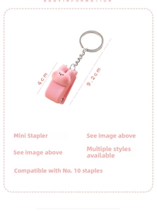 Macro view of mini pink rabbit stapler keychain with 4cm length and metal chain details