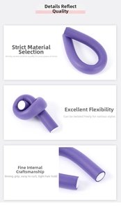 Macro view showing flexible purple heatless hair roller texture and secure end caps