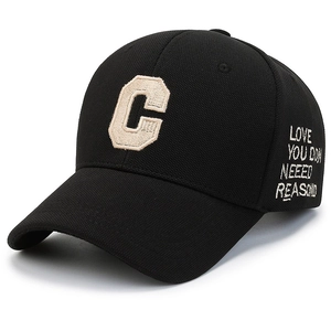 Black baseball cap with beige towel embroidered letter C and side quote embroidery