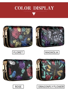 Détail de quatre portefeuilles anti-RFID avec motifs floraux gaufrés et doubles fermetures éclair
