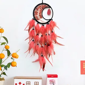 Handmade moon dream catcher with tree of life natural agate stones and red feathers