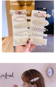Detailed close-up of pearl hair clips in various geometric shapes like stars and hearts