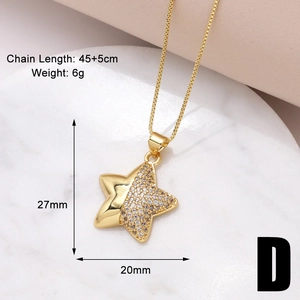 Detail of gold star pendant necklace with white zircon pavé and measurement annotations