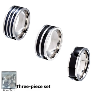 Three-piece titanium steel striped rings set for men with 8cm x 6cm gift packaging bag