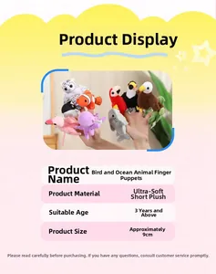 Detail of soft plush finger puppets including sea animals and birds with 9cm size