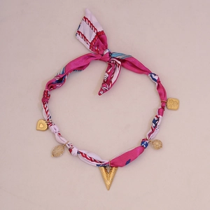 Pink silk scarf necklace with gold sun flower charms and heart pendants for women