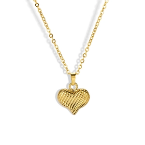 Polished 18K gold plated stainless steel heart pendant necklace with striped texture