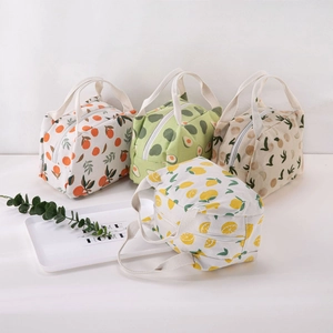Portable insulated lunch bags featuring cute fruit prints with secure zipper closures
