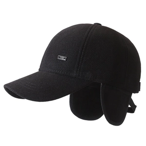 Men's winter black wool baseball cap with ear flaps and metal logo detail