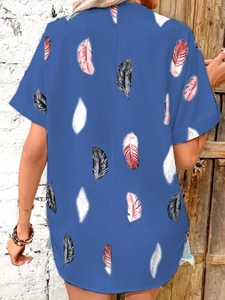 Back view of summer short sleeve shirt featuring colorful feather prints on blue fabric