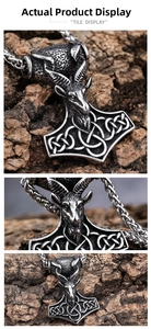 Detail of Viking Thor hammer necklace with goat head and Celtic knot engraving