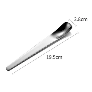 Macro detail of stainless steel spoon showing dimensions 19.5cm length and 2.8cm width