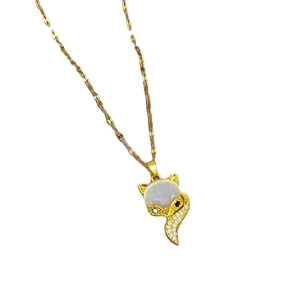 Titanium steel necklace featuring a golden fox pendant with cat eye stone and diamonds