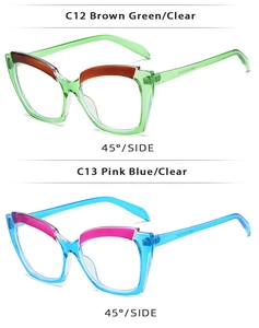 Detailed 45-degree view of cat eye sunglasses in brown-green and pink-blue gradient frames