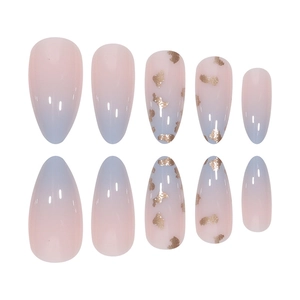 Almond-shaped press-on nails with pink-blue gradient and gold glitter leopard print designs