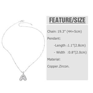 Detail showing dimensions of silver zircon letter A pendant with 44+5cm necklace chain