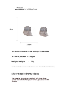 Detailed specs of silver tassel earrings featuring 925 silver pins and copper material