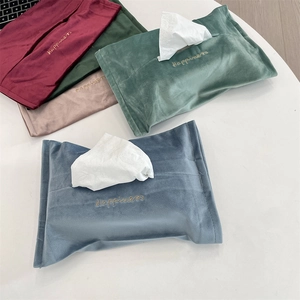 Velvet Tissue Box Cover Soft Pouch Embroidered Gold Letter Happiness Household Decorative Nordic Style Living Room Desktop Organizer