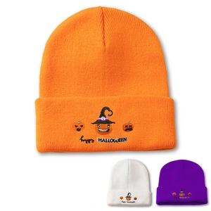 Halloween Beanie Hat Knitted Acrylic Pumpkin Embroidery Happy Halloween Cuffed Warm Casual Winter Cap For Men Women
