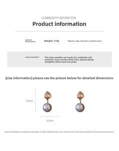 Detailed view of champagne crystal and grey pearl drop earrings with 3.5cm size mark