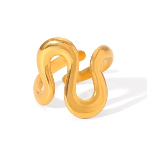 Close-up of minimalist wave-shaped 18K gold plated ring with adjustable open design