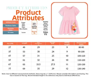 Size chart for girls pink unicorn dress with measurements from 2T to 7T and fabric details