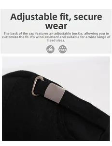 Detail of adjustable metal buckle and wool texture on back of black winter baseball cap