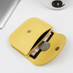 Litchi pattern leather envelope coin purse with card slots in vibrant yellow finish