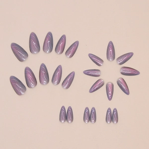 24pcs purple cat eye press-on nails in almond shape with gradient glitter and wavy lines