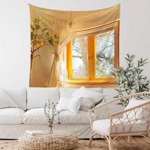 Detailed view of bohemian tapestry featuring a sunny window and lemon tree branches