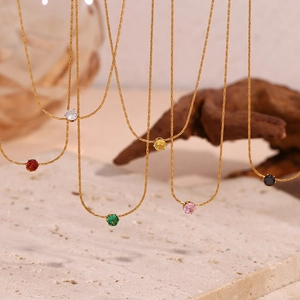 18K gold plated stainless steel thin chain necklaces with colorful zircon pendants