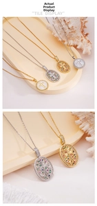 Detail of gold and silver cross necklaces with colorful zircons on cream display tray
