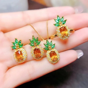 Pineapple Jewelry Necklace Pendant Adjustable Ring And Stud Earrings Copper Gold Plated Colorful Gemstone For Women