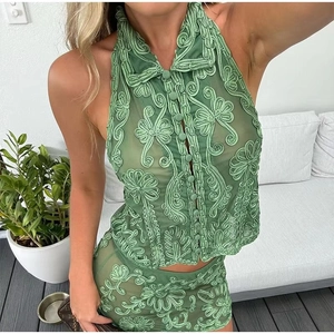 Women Sexy Halter Backless Embroidered Mint Green Floral 3D Embroidery Vacation Boho Style Top And Bottom
