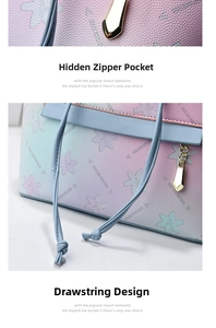 Detail of hidden zipper pocket and drawstring design on gradient textured leather bag