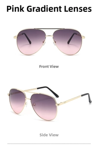 Detail view of pilot sunglasses with gold metal frame and gradient grey-pink lenses