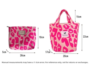 Detailed size chart showing dimensions for large pink leopard tote bag and small pouch