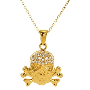 Pendentif tête de mort doré avec strass brillants et chaîne en acier inoxydable