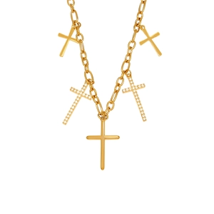 Collier à breloques croix dorées à l'or 18 carats avec pierres en zircon 5A étincelantes