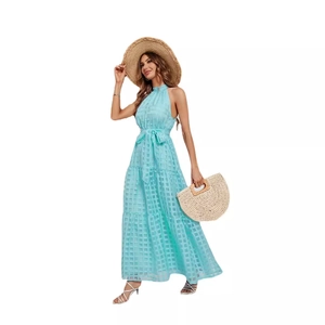 Light blue plaid halter neck maxi dress with ruffled layers and a waist tie for vacation
