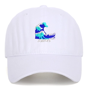 Close-up of wave embroidery on white washed baseball cap with fine needlework detail
