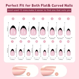 Detailed size chart for French black and pink press-on nails with 15 professional dimensions