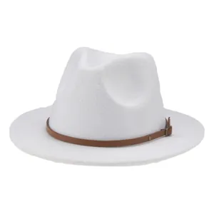 White felt wide brim jazz hat for children with brown leather band and metal buckle detail
