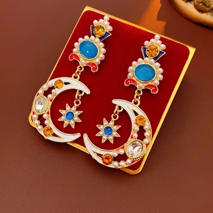 Vintage Palace Style Star Moon Dangle Earrings Alloy Enamel Rhinestone Artificial Pearl With Silver Earring Post