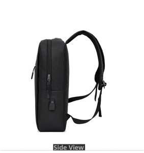 Side view of black business laptop backpack showing USB charging port and mesh straps